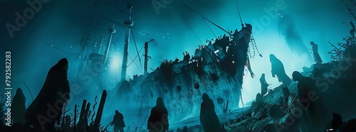 Craft a horror movie poster with an underwater theme, featuring a ghostly shipwreck and shadowy figures, 