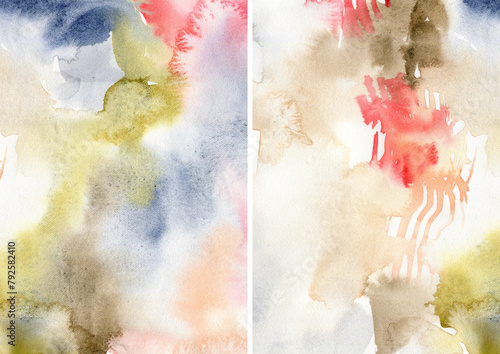 Watercolor abstract textures of green, red, blue, orange, brown and white spots. Hand painted pastel illustration isolated on white background. For design, print, fabric or background. (ID: 792582410)