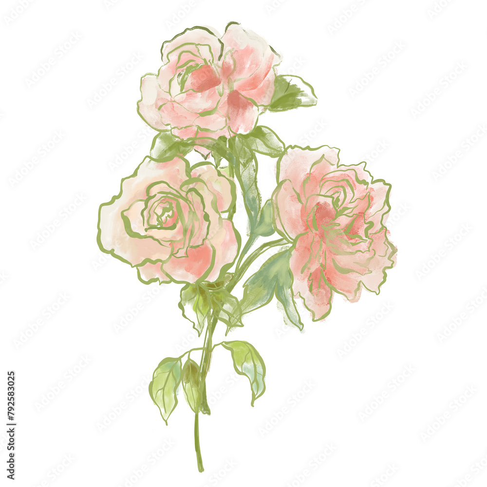 Oil painting abstract bouquet of rose and peony. Hand painted floral composition isolated on white background. Holiday Illustration for design, print, fabric or background.