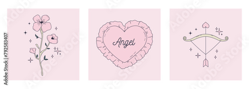 Set of pastel colored coquette style posters with flower, heart pillow, bow and arrow. Cute vintage accessories on pink background. Romantic girly prints. Vector illustrations