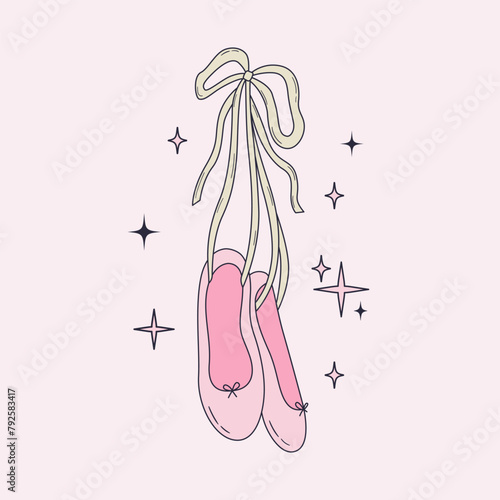 Hand drawn vector illustration of a pair of pointes. Hanging ballet shoes with ribbon bow. Coquette style dancing accessory. Balletcore clipart