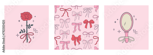 Set of pastel colored coquette style posters with rose flower, bows and ribbons, mirror. Cute vintage accessories on pink background. Romantic girly prints. Vector illustrations