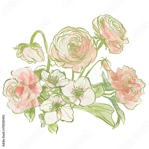 Oil painting abstract bouquet of ranunculus, rose and jasmine. Hand painted floral composition isolated on white background. Holiday Illustration for design, print, fabric or background. (ID: 792583493)