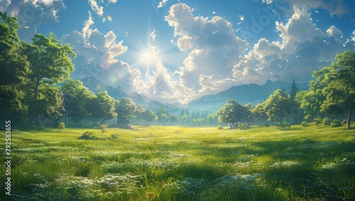 Serene Natural Landscape  Sunlit Meadow with Lush Green Grass and Dancing Shadows   Under the bright sunshine  there is a wide lawn with trees and blue sky in the background. The green grass is lush and
