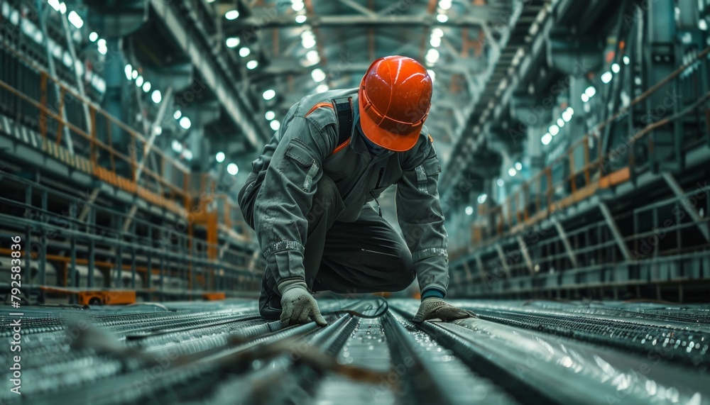 Focused worker in safety gear examines the floor in a large industrial warehouse setting Focused worker in safety gear examines the floor in a large industrial warehouse setting