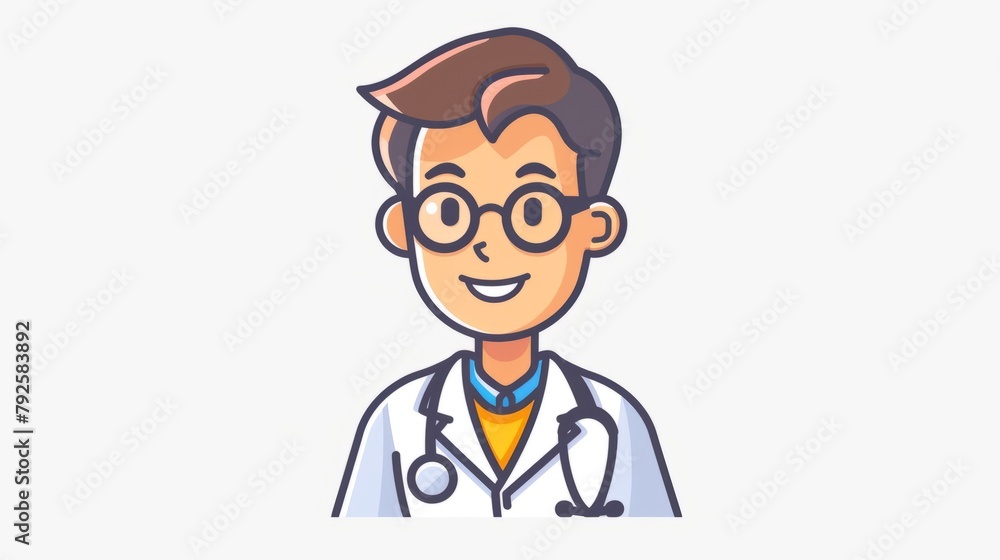 Cartoon image of the medical profession The cheerful and friendly doctor wears a white coat and has a stethoscope around his neck.