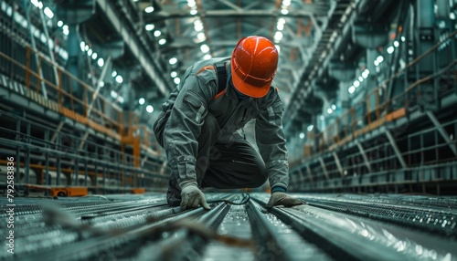 Focused worker in safety gear examines the floor in a large industrial warehouse setting