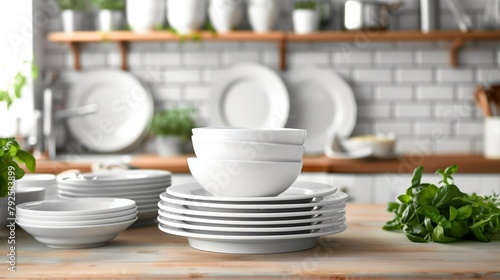 Stacks of clean white dishes on a kitchen counter with fresh herbs and shelves.