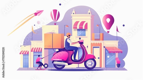 Moped on phone screen, online delivery service concept, vector illustration