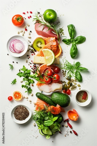 An assortment of vibrant fresh vegetables, fruits, fish, and herbs spread out on a white surface.