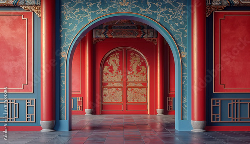 Chinese classical door in the temple, Chinese New Year classic interior design beautiful walls photo
