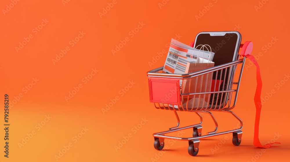 Shopping items like baskets, parcel boxes, and carts float above a smartphone on an orange background, representing the ease of online shopping