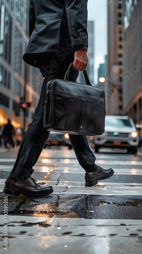 low angle Businessman crossing the street on crosswalk and holding a laptop bag photo
