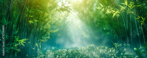 Abstract background of sunrise in foggy bamboo forest. Banner and wallpaper concept.