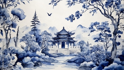 Chinese oriental style blue and white