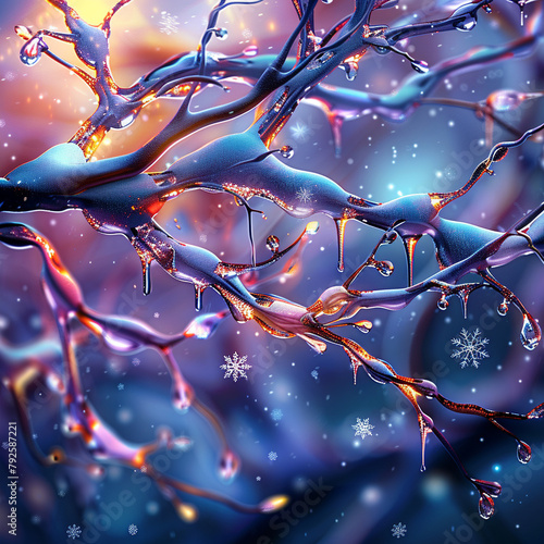 A tree branch covered in ice and snow with a fairy on it. The image has a magical and whimsical mood