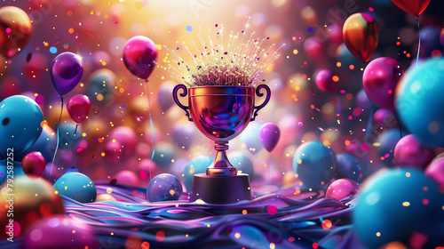 A gold cup with a bunch of colorful balloons surrounding it. The scene is lively and festive, with the cup and balloons creating a sense of celebration and achievement