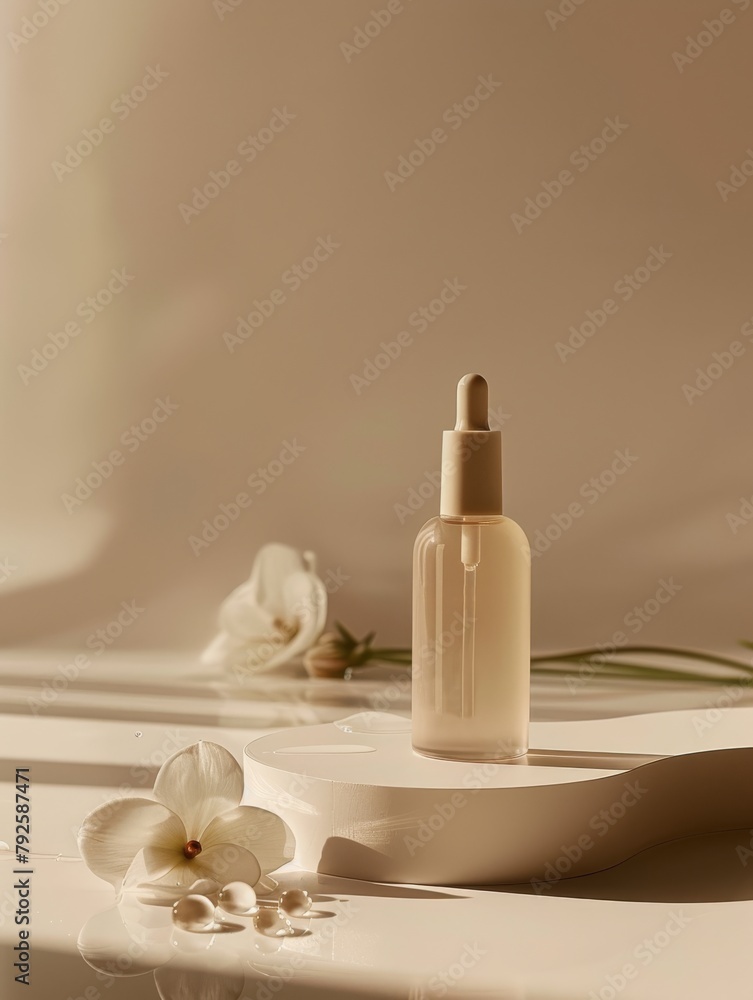 Soft-lit beige serum bottle on white, highlighting elegance and its gentle formula.