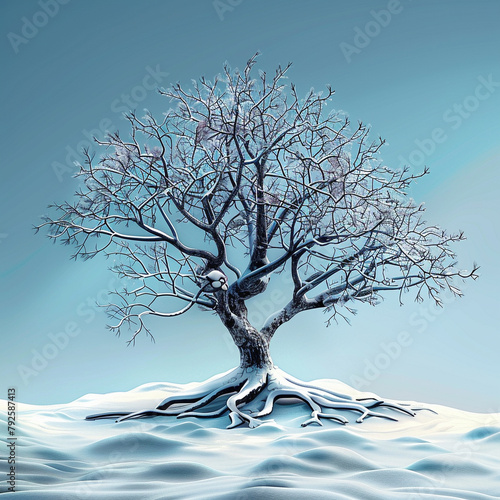 A tree with snow on it is the main focus of the image. The tree is surrounded by snow, which gives it a serene and peaceful appearance. Concept of calmness and tranquility