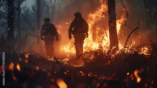 Firefighters fighting a wildfire. Firemen extinguishing a blazing wild fire in nature. photo
