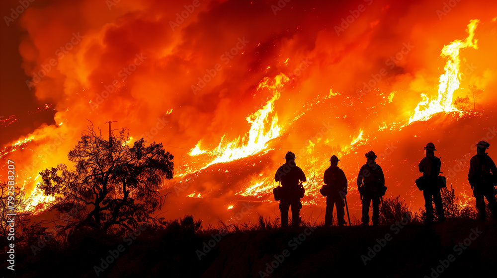 Firefighters fighting a wildfire. Firemen extinguishing a blazing wild fire in nature.