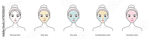 Cute woman with skin types vector set isolated on white background. Different basic types of skin, normal, oily, dry, combination and sensitive skin. Skin care and beauty concept illustration.