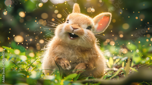A cute fairy-tale rabbit sits in the grass in a salty clearing, among flying pollen. Cartoon cheerful beige fluffy rabbit sitting on its hind legs in the garden photo