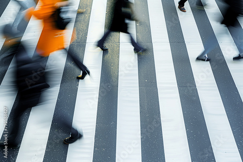 The rhythmic stride of pedestrians is blurred as they navigate a zebra crossing, a snapshot of motion and urban tempo on a busy street. AI Generated