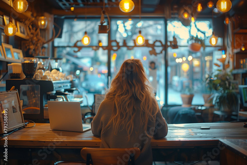 Back View of Woman Working in Coffee Shop AI Generated