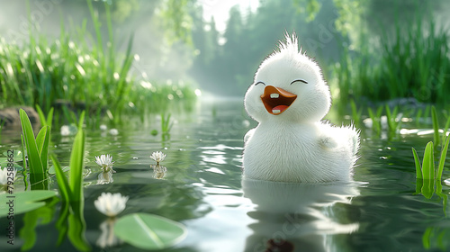 An adorable cartoon laughing white duckling swims in a forest lake surrounded by green vegetation and white flowers, on a warm sunny day. Country farming concept