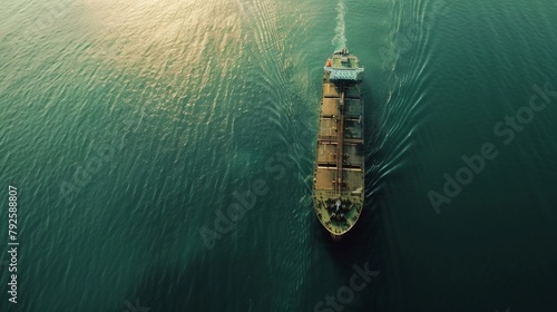 A closeup aerial shot of one particular ship as it sails through the calm waters of the aroundtheclock biofuelpowered shipping lanes. The ships hulking figure is dwarfed by the expansive . photo