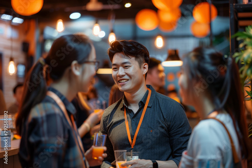 Smiling Asian man enjoys a friendly conversation with colleagues at a relaxed networking event. AI Generated.