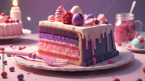 Pink and purple slice of cake, or slice, in the style of kawaii aesthetic, unreal engine 5, enchanting lighting, hyper - realistic oil, cranberrycore, ivory, flickr photo