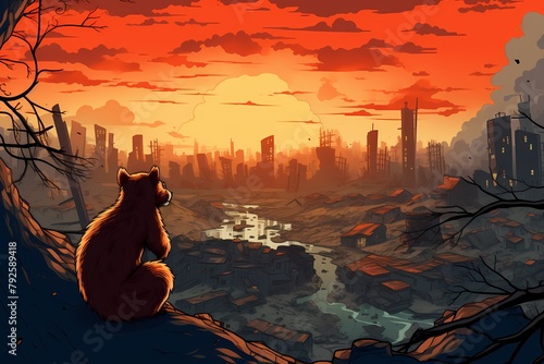 cartoon illustration, a squirrel in a ruined city with a sunset