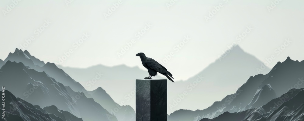 Naklejka premium Mystical raven perched on a pillar against a backdrop of towering mountain peaks