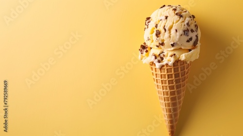 Delicious cookie dough ice cream cone against a yellow background © Natalia