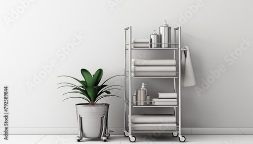 A stainless steel rack with four shelves of towels and toiletries next to a potted plant