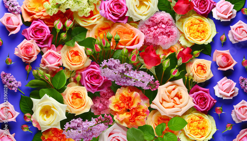 A vibrant array of flowers in full bloom. The image filled with roses of various colors such as pink  orange  peach