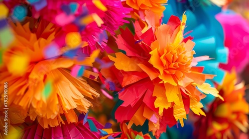 colorful paper flowers streamers and confetti. Use bright reds oranges and yellows to capture the energy and joy of a fiesta celebration