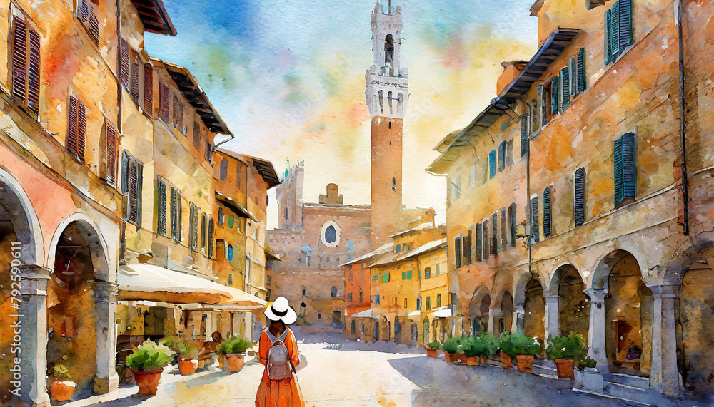 Fototapeta premium Generative Watercolor Illustration Of Siena Italy