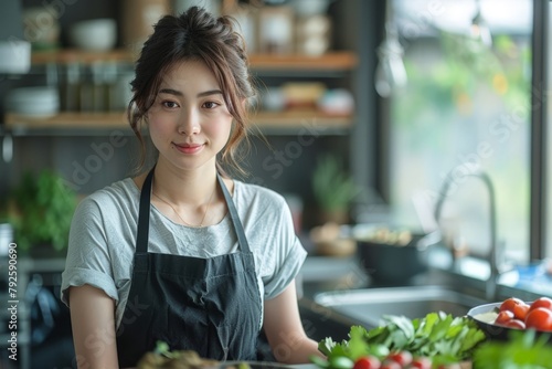 young Japanese woman cooking in a minimalist kitchen, apron, fresh ingredients, focused and relaxed