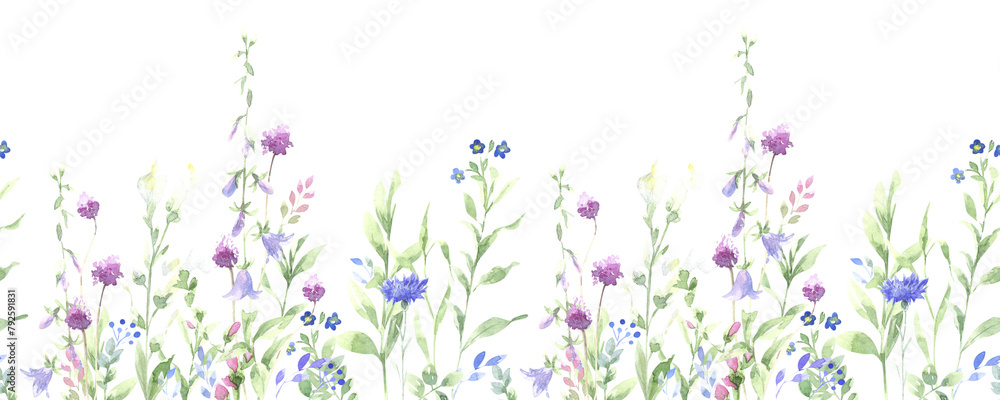 seamless border of watercolor wildflowers