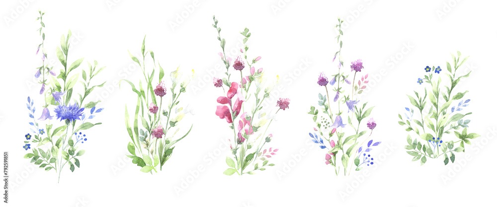 set of bouquets of watercolor wildflowers