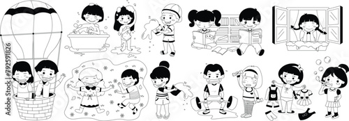 Cute School kids. Set of various children doing activities illustration.