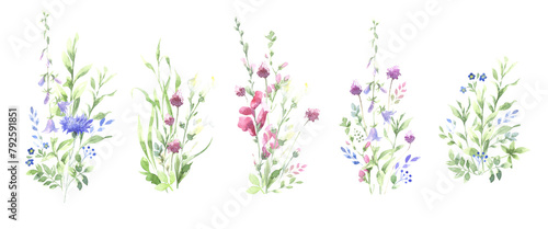 set of bouquets of watercolor wildflowers