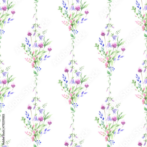 Watercolor floral ornament. Seamless pattern of wildflowers