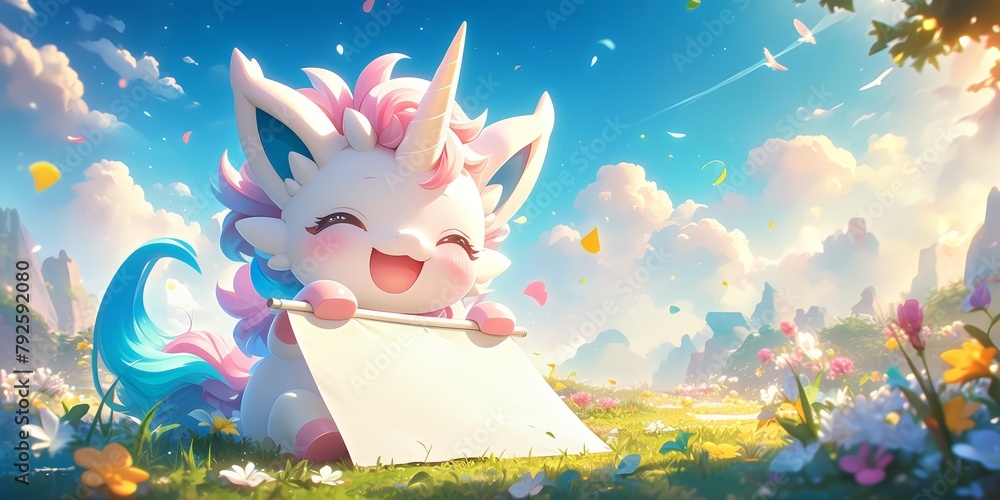 happy unicorn sitting in the grass holding a large white banner, adorable eyes