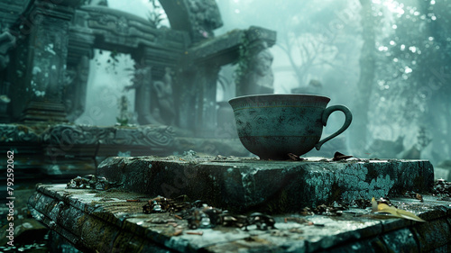  A mysterious tea cup resting on an ancient stone altar in a forgotten temple