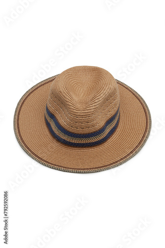 Close-up shot of a beige straw hat with crown ribbon. The casual straw hat is isolated on a white background. Top view.