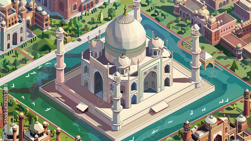 Stylized digital representation of the Taj Mahal surrounded by gardens and walkways, in an idyllic layout. photo